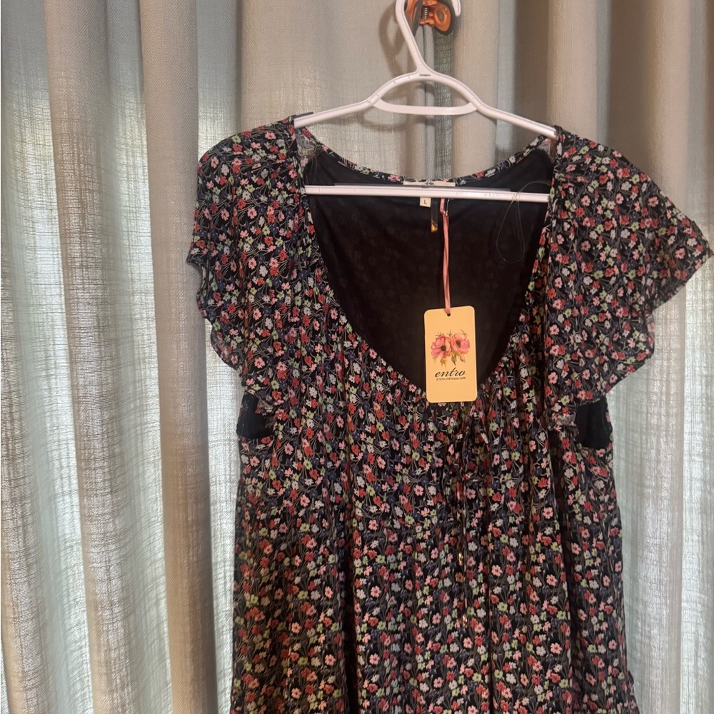 Brand New Floral Black Dress with Ruffle Sleeves